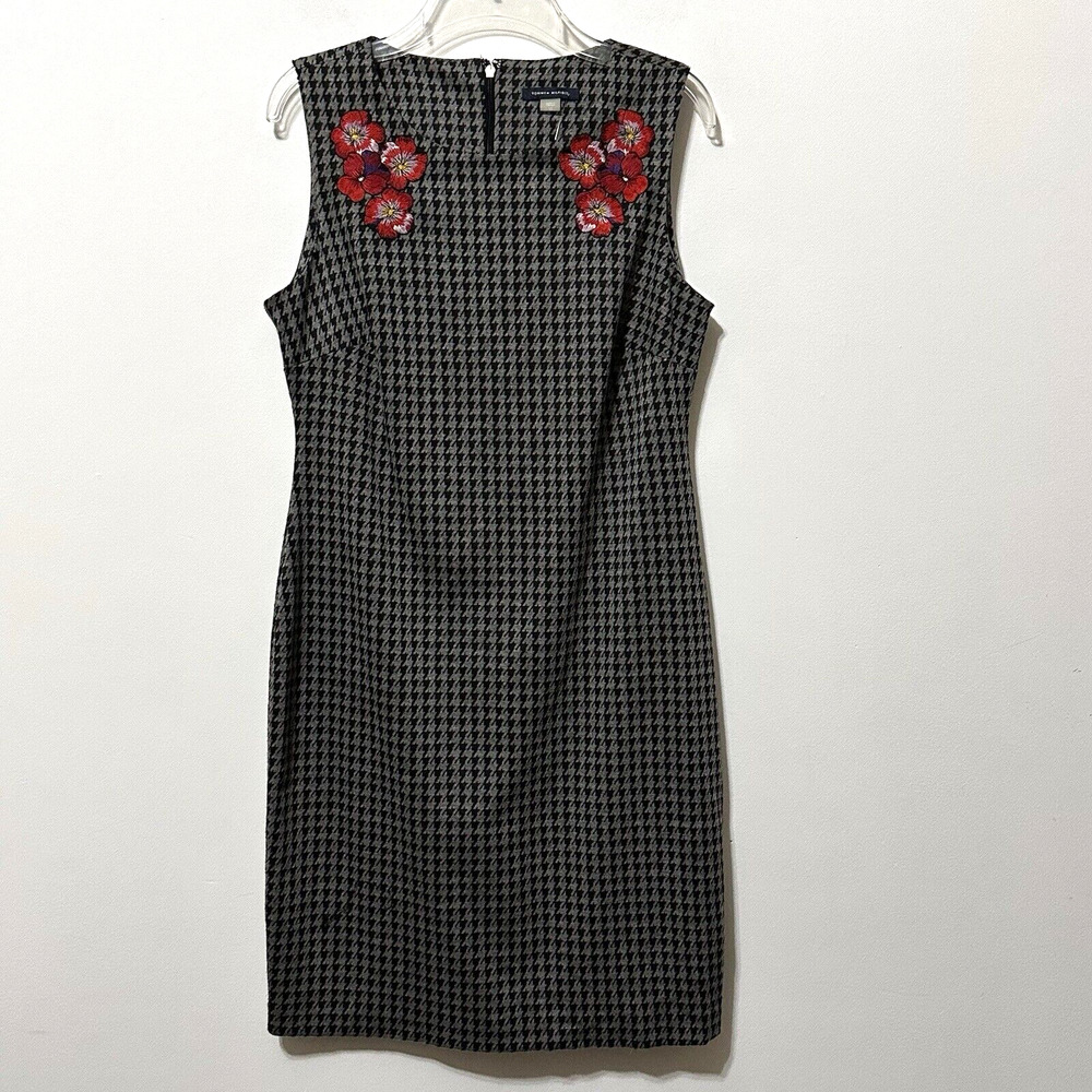 Tommy Hilfiger Sheath Dress 10 Houndstooth Floral Embroidered Knit Sleeveless